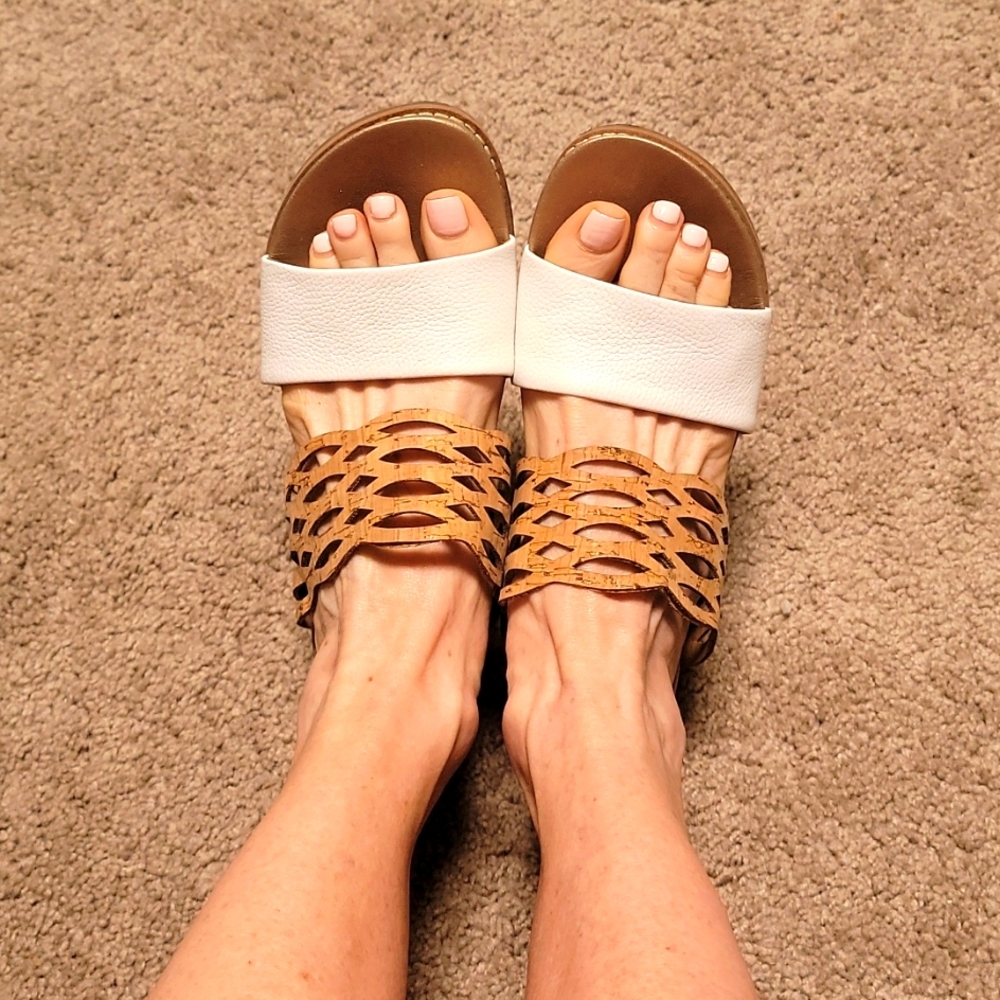 Genuine leather and cork, white and tan double strap wedges.